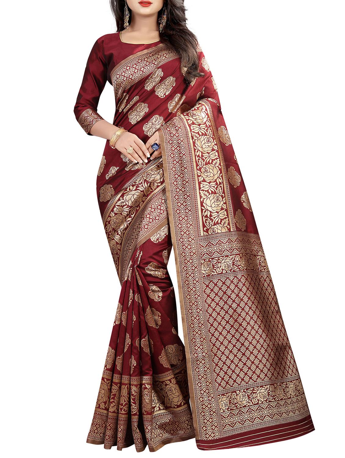 maroon zari jacquard banarasi saree with blouse - 15775556 - Zoom Image - 1