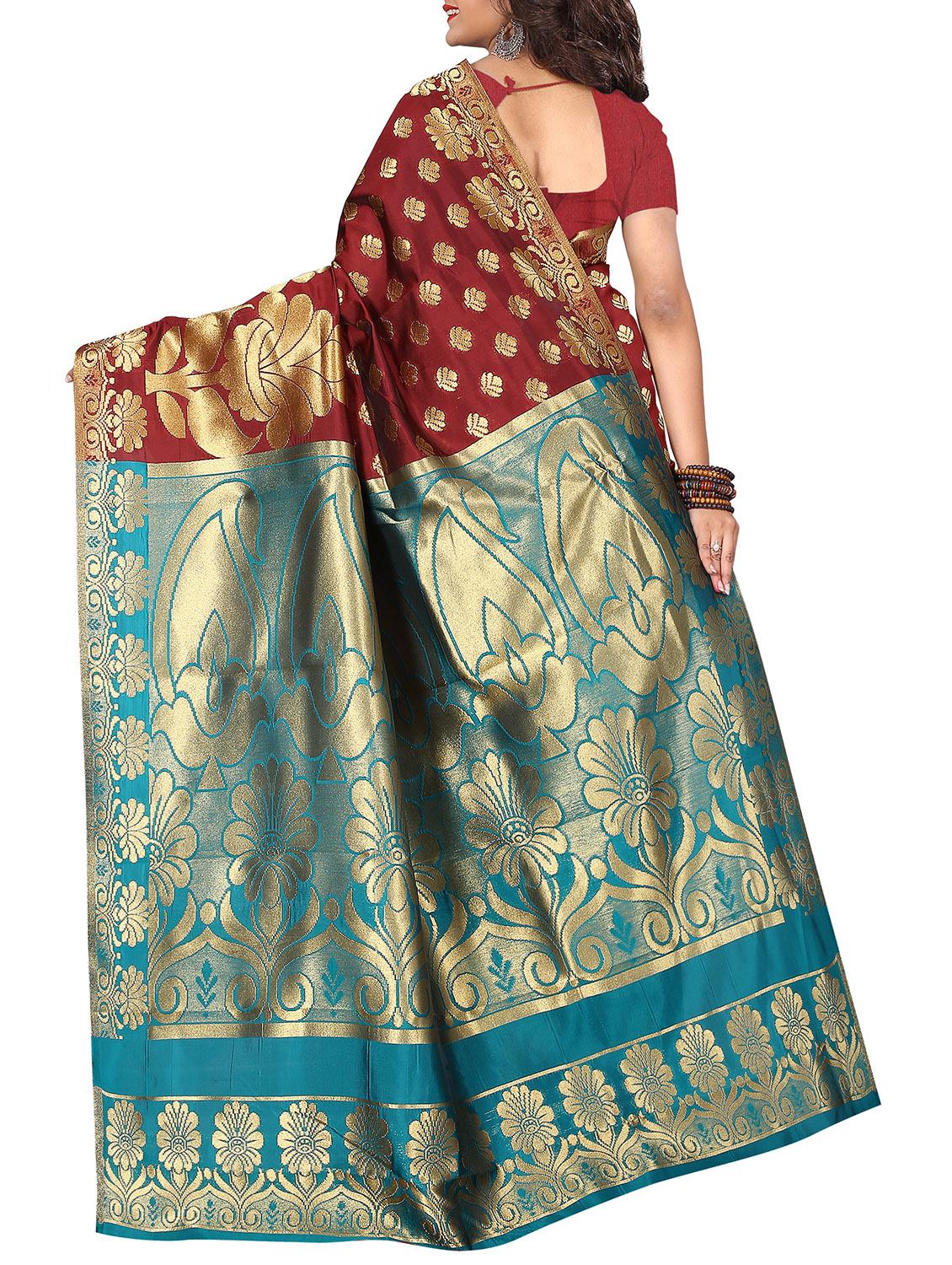 maroon zari jacquad woven saree with blouse - 15775963 - Zoom Image - 2