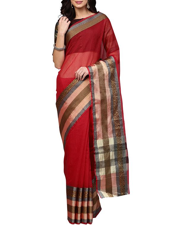 contrast border art silk saree with blouse - 15777623 - Zoom Image - 1