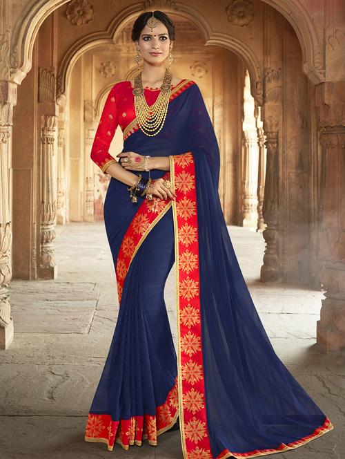 zari lace embroidered solid saree with blouse - 15778576 - Very Small Image - 1