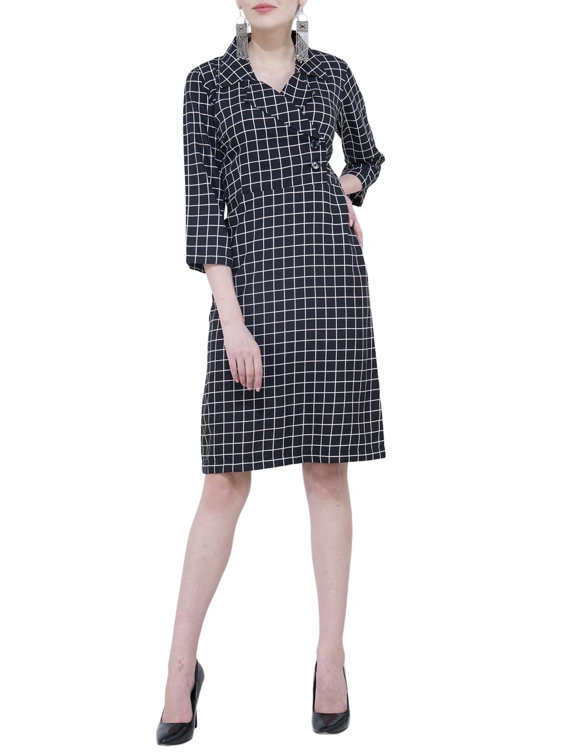 lapel neck grid pattern a-line dress - 15778859 - Zoom Image - 1