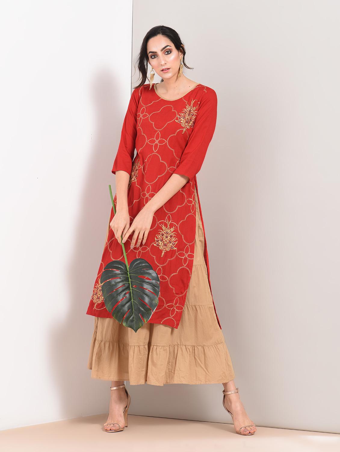 embroidered layered tiered kurta - 15781253 - Zoom Image - 1