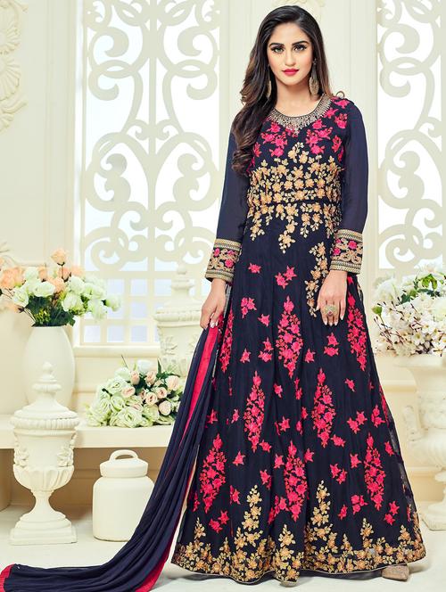 Embroidered semi-stitched anarkali suit - 15781532 - Standard Image - 1