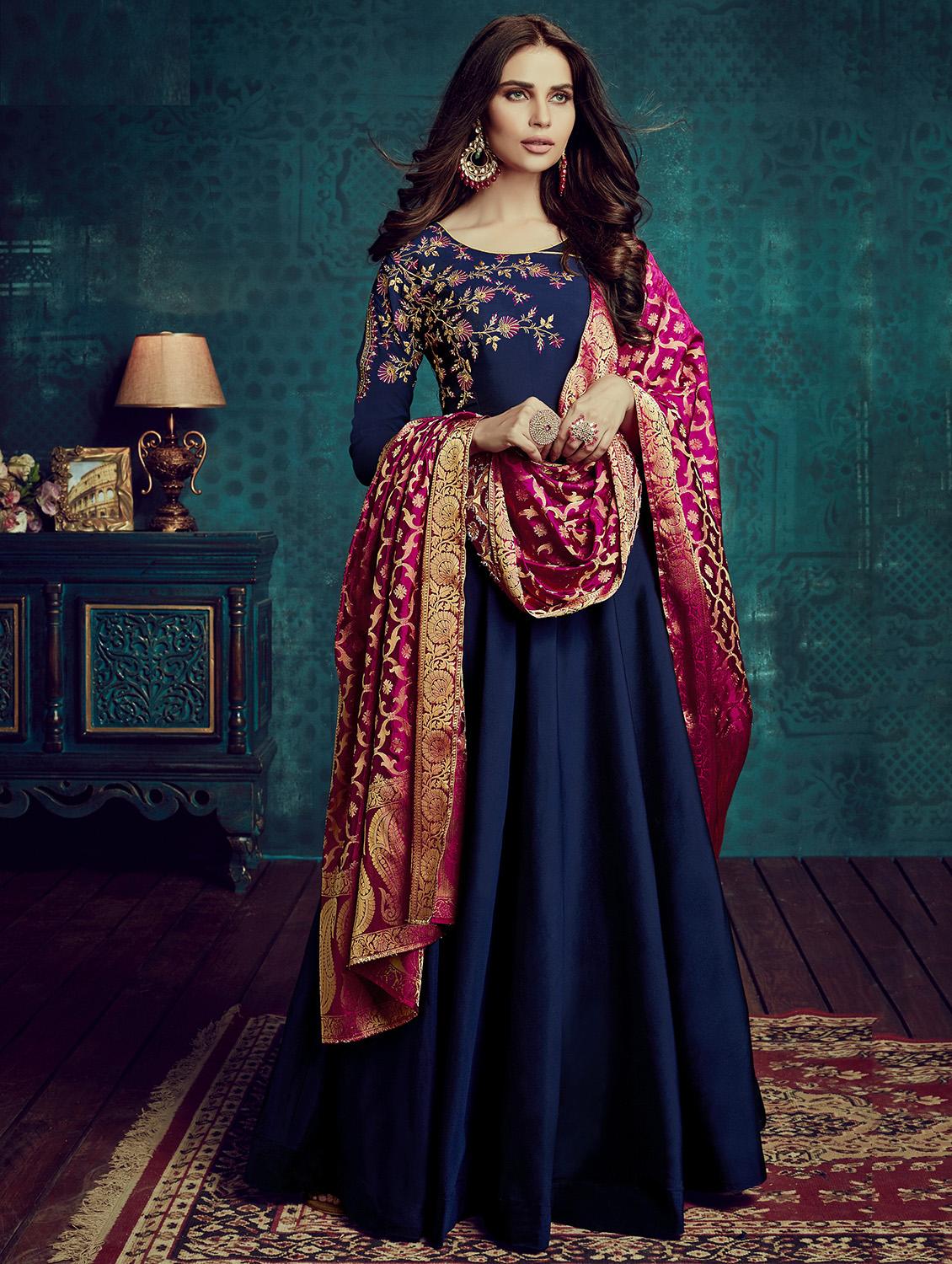 Embroidered semi-stitched anarkali suit - 15781611 - Zoom Image - 1