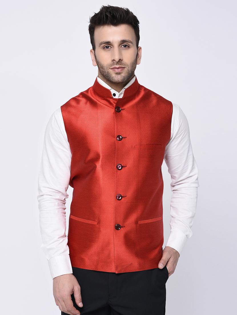 red silk nehru jacket - 15782265 - Zoom Image - 1