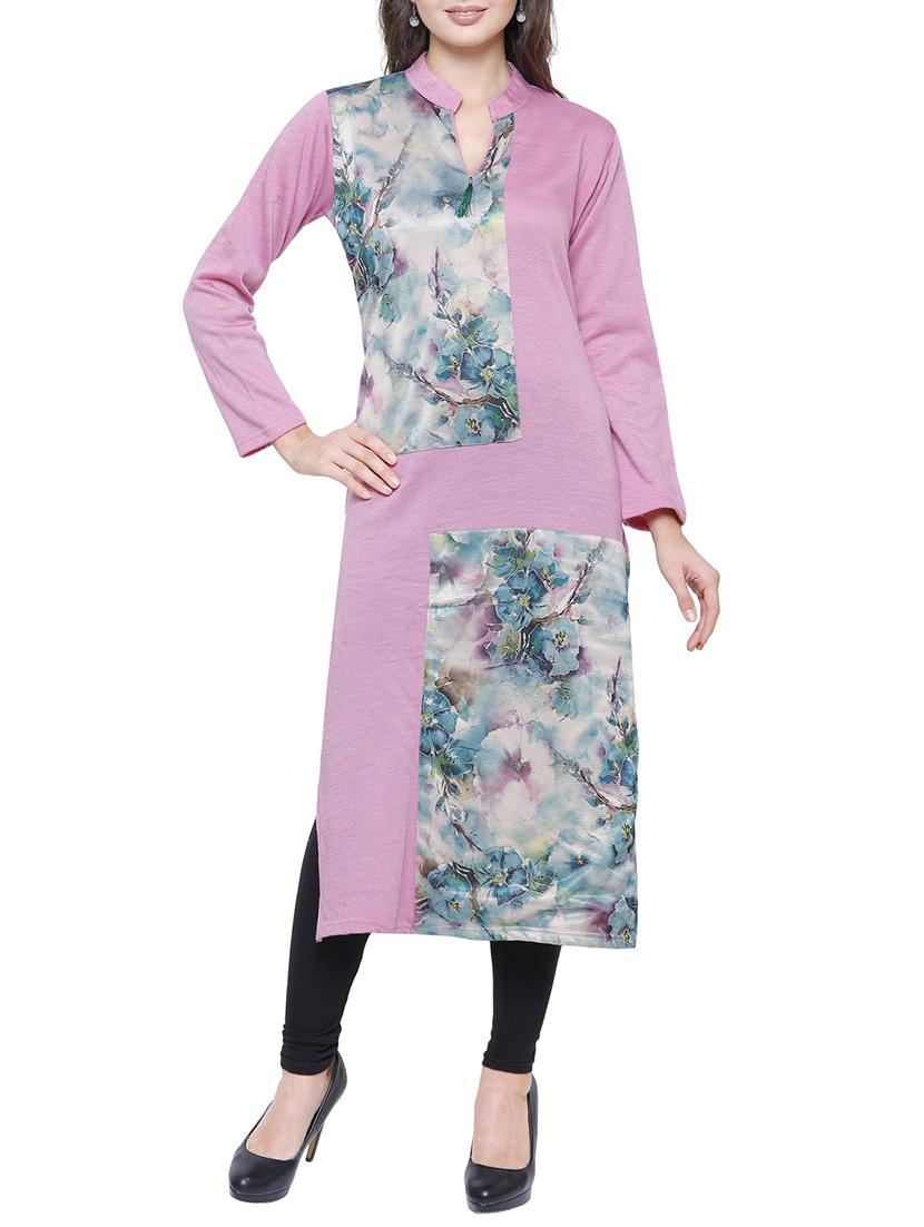 floral printed straight woolen kurta - 15791876 - Zoom Image - 1