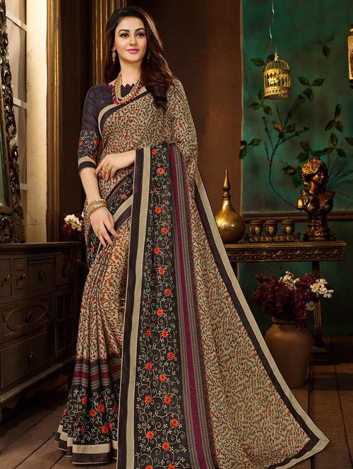 floral embroidered brown saree with blouse - 15793653 - Standard Image - 1