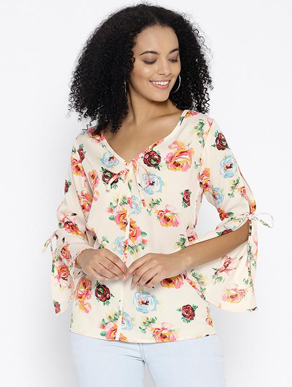 tie up detail slit sleeved floral top - 15797087 - Zoom Image - 1