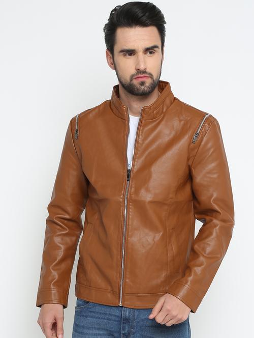 brown solid biker jacket - 15798426 - Very Small Image - 1