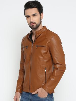 brown solid biker jacket - 15798427 - Standard Image - 2