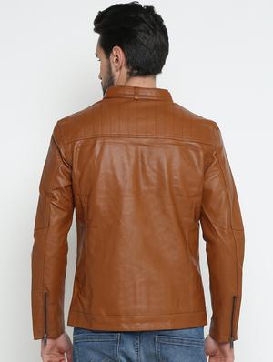 brown solid biker jacket - 15798427 - Standard Image - 3