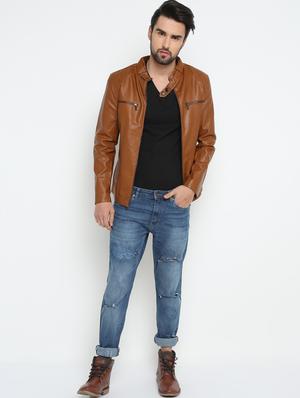 brown solid biker jacket - 15798427 - Standard Image - 4