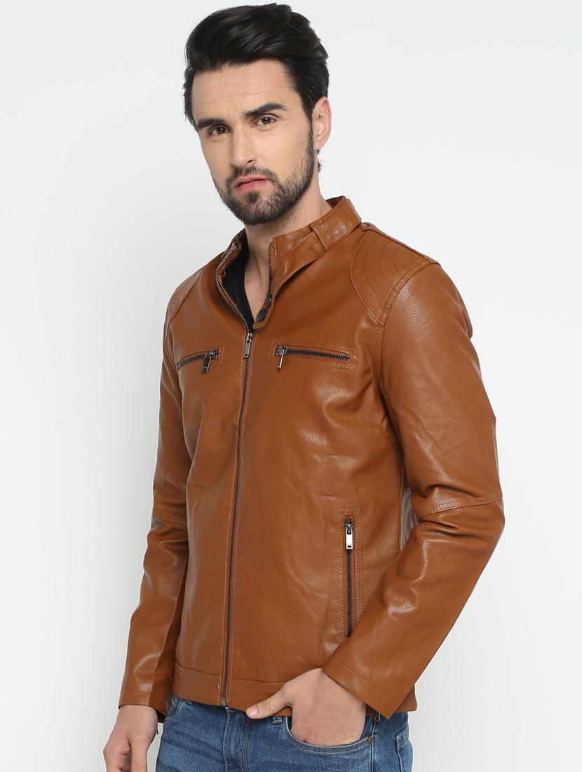 brown solid biker jacket - 15798427 - Zoom Image - 2