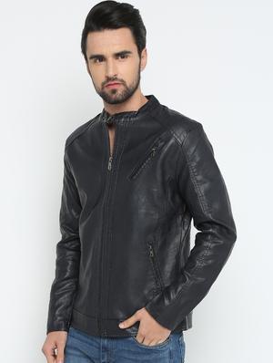navy blue solid biker jacket - 15798443 - Standard Image - 2