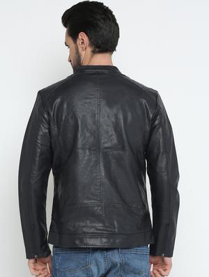 navy blue solid biker jacket - 15798443 - Standard Image - 3