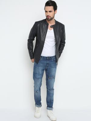 navy blue solid biker jacket - 15798443 - Standard Image - 4