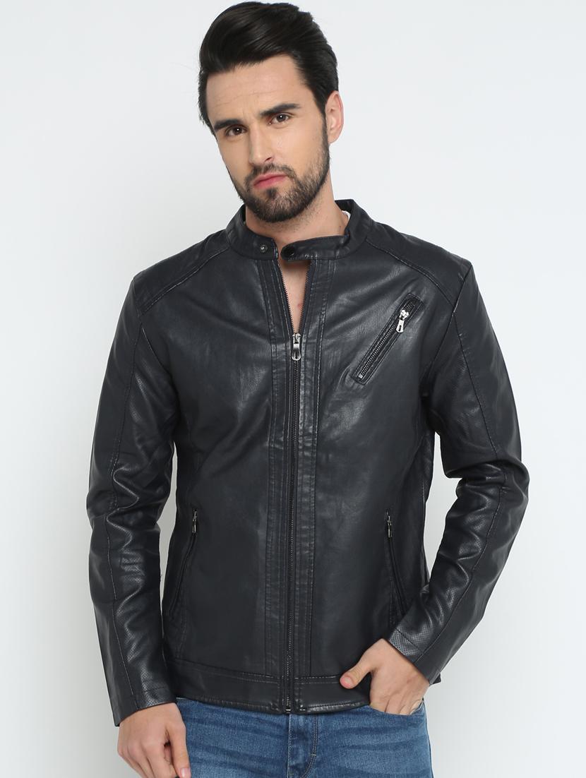 navy blue solid biker jacket - 15798443 - Zoom Image - 1