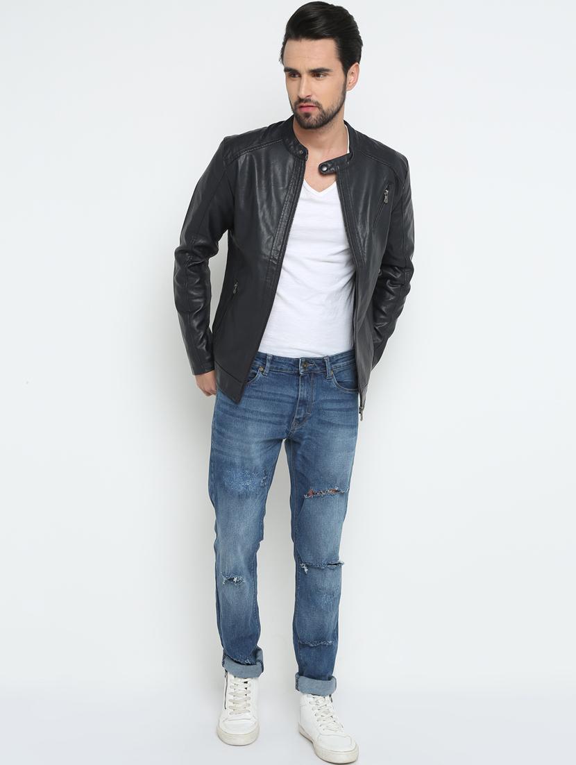 navy blue solid biker jacket - 15798443 - Zoom Image - 4