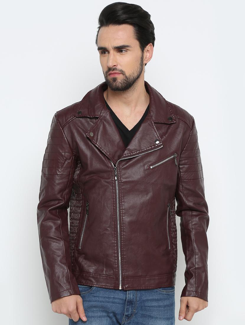 brown solid biker jacket - 15798444 - Zoom Image - 1