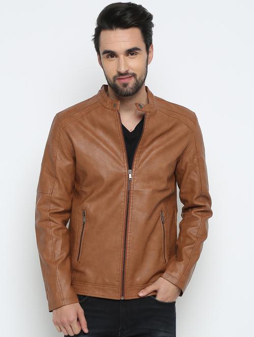 brown solid biker jacket - 15798457 - Standard Image - 1