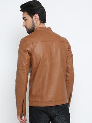 brown solid biker jacket - 15798457 - Standard Image - 3