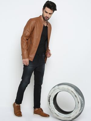brown solid biker jacket - 15798457 - Standard Image - 4