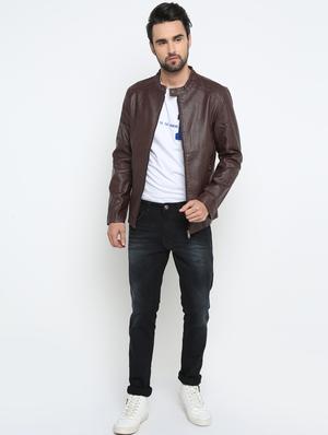 brown solid biker jacket - 15798458 - Standard Image - 4