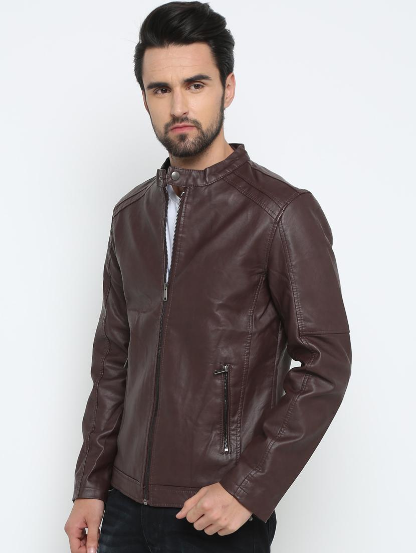 brown solid biker jacket - 15798458 - Zoom Image - 2