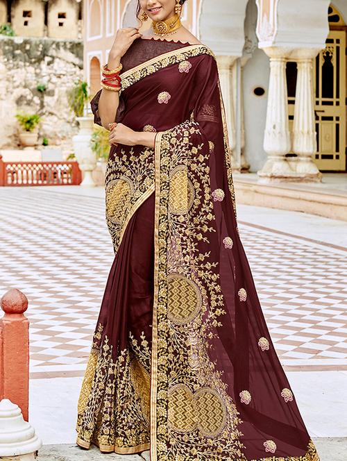 floral zari embroidered saree with blouse - 15798608 - Very Small Image - 1