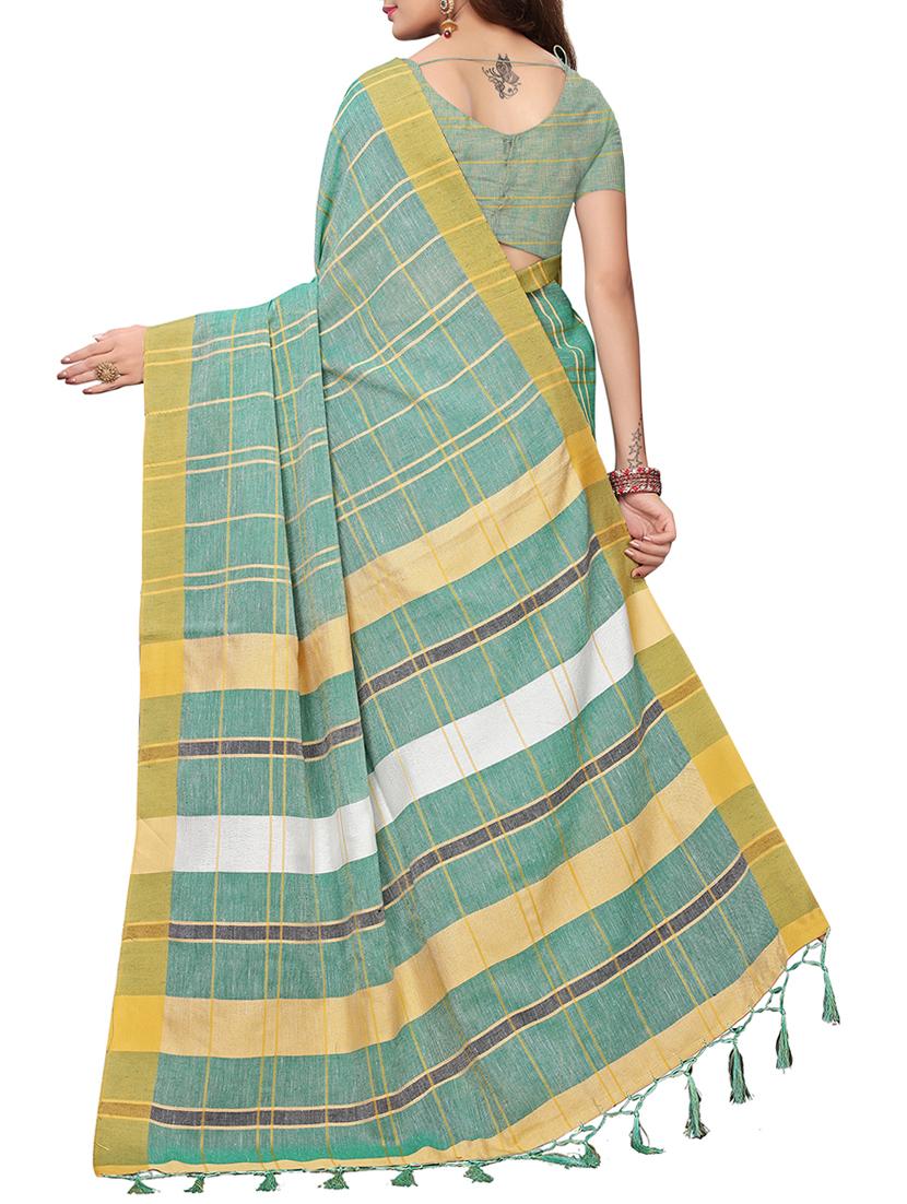 checkered linen handloom saree with blouse - 15798613 - Zoom Image - 2
