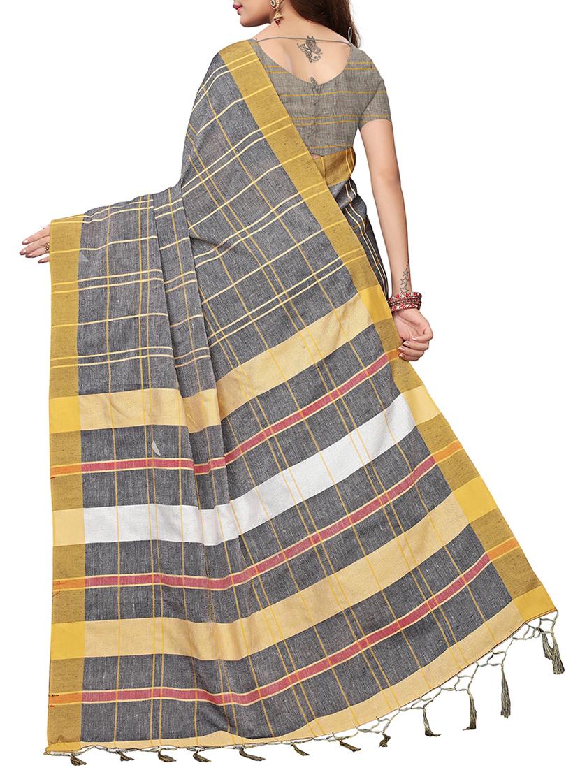 checkered linen handloom saree with blouse - 15798618 - Zoom Image - 2