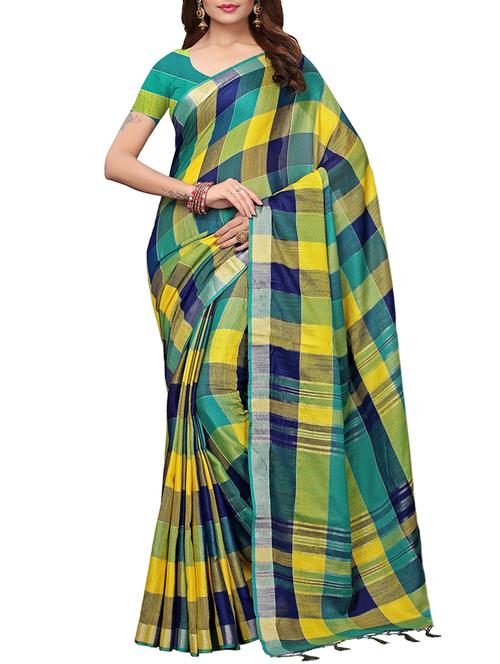 contrast shades linen checkered handloom saree with blouse - 15798620 - Very Small Image - 1