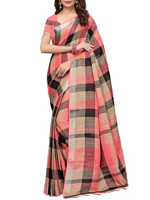 contrast shades linen checkered handloom saree with blouse - 15798621 - Very Small Image - 1