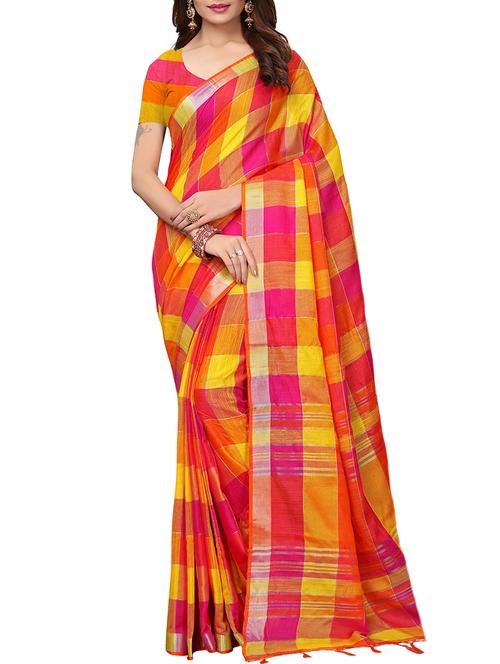 contrast shades linen checkered handloom saree with blouse - 15798622 - Standard Image - 1