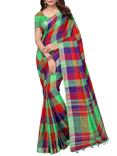 contrast shades linen checkered handloom saree with blouse - 15798623 - Very Small Image - 1