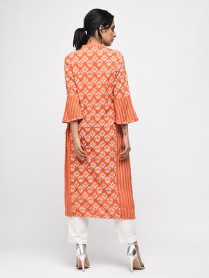 block printed bell sleeves straight kurta - 15799438 - Standard Image - 3