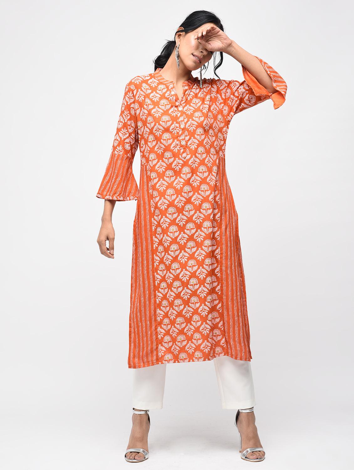 block printed bell sleeves straight kurta - 15799438 - Zoom Image - 1