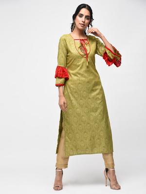 bell sleeves embroidered straight kurta - 15799444 - Standard Image - 2
