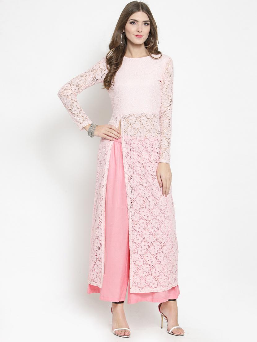 side slit net kurta with palazzo set - 15799863 - Zoom Image - 1