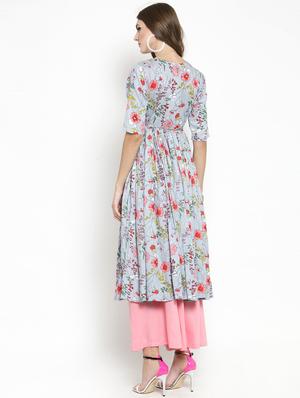 floral front drawstring flared kurta with palazzo set - 15799865 - Standard Image - 3