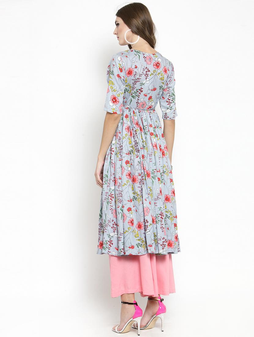 floral front drawstring flared kurta with palazzo set - 15799865 - Zoom Image - 3