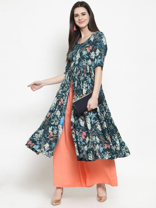 floral front drawstring flared kurta with palazzo set - 15799866 - Standard Image - 1
