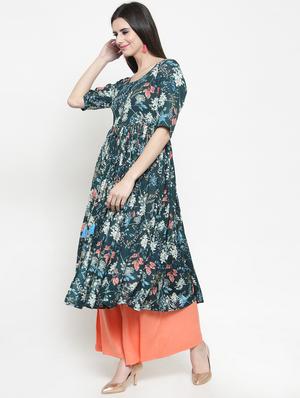 floral front drawstring flared kurta with palazzo set - 15799866 - Standard Image - 2