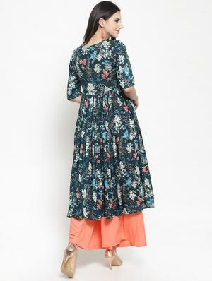 floral front drawstring flared kurta with palazzo set - 15799866 - Standard Image - 3