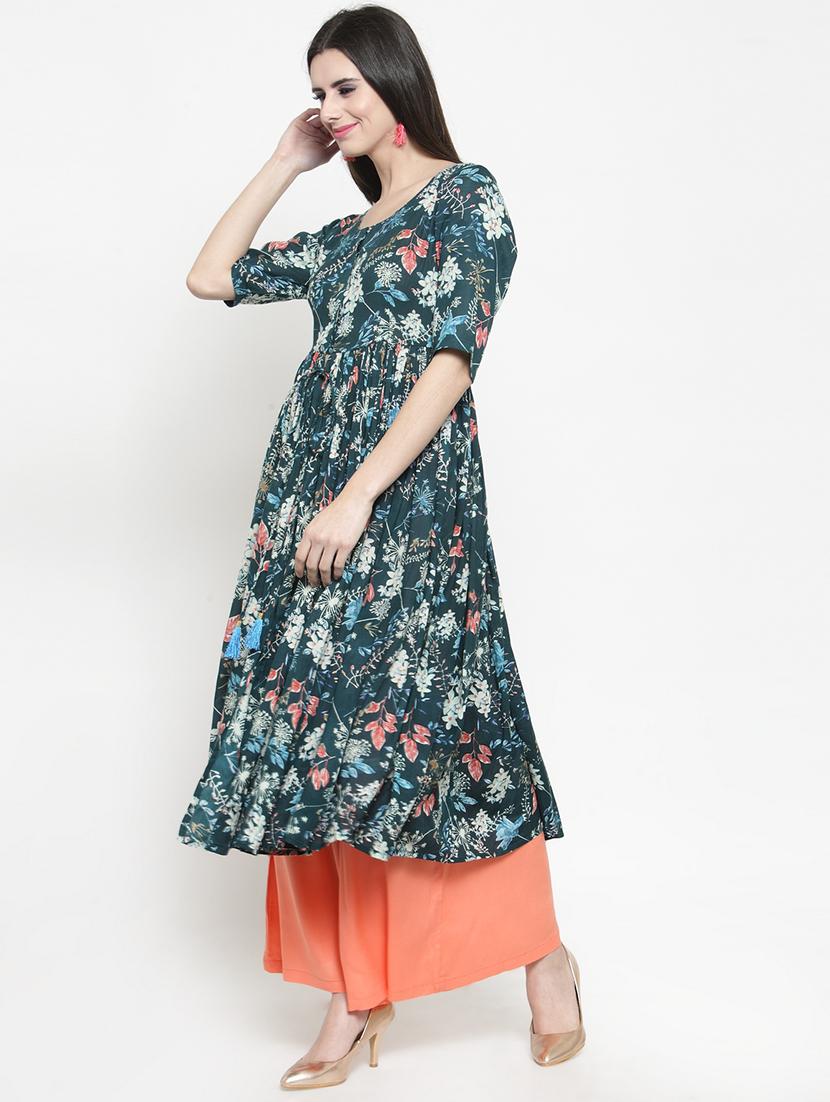 floral front drawstring flared kurta with palazzo set - 15799866 - Zoom Image - 2