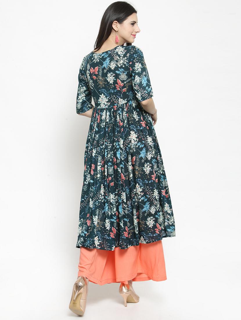 floral front drawstring flared kurta with palazzo set - 15799866 - Zoom Image - 3