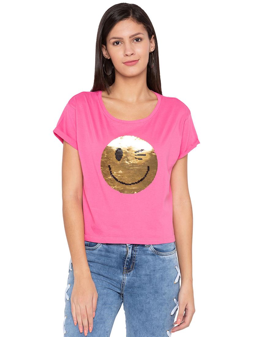 turn up sleeved sequined boxy tee - 15799961 - Zoom Image - 1