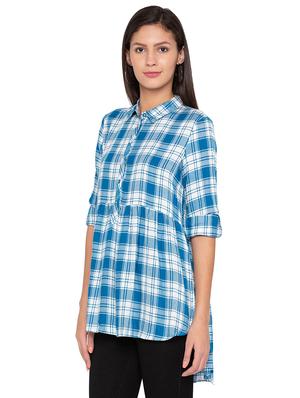 roll up sleeved checkered high low tunic - 15800018 - Standard Image - 2