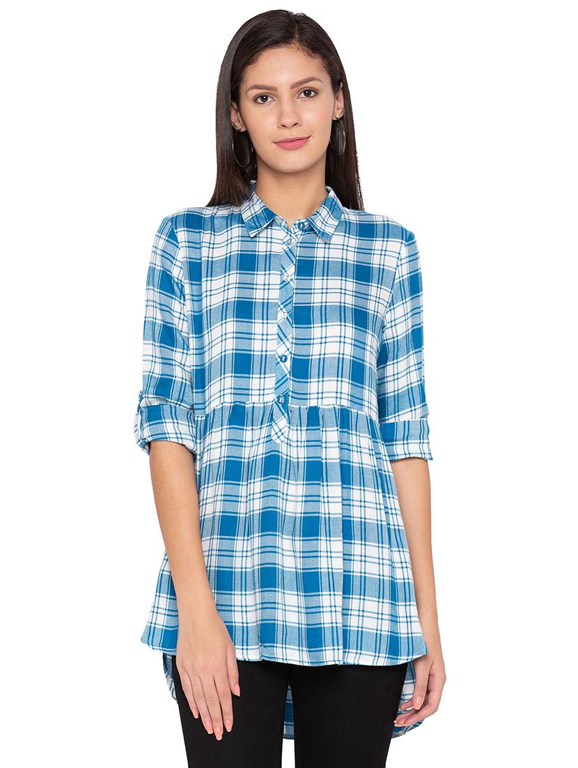 roll up sleeved checkered high low tunic - 15800018 - Zoom Image - 1
