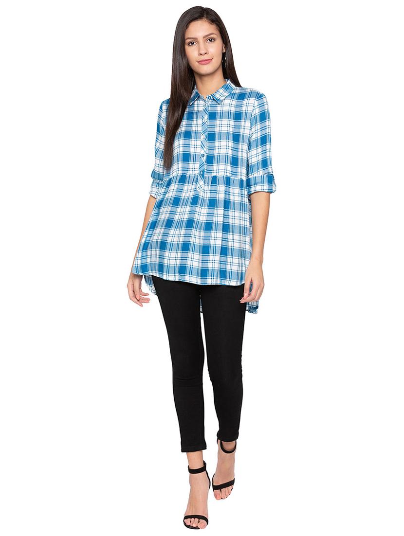 roll up sleeved checkered high low tunic - 15800018 - Zoom Image - 4